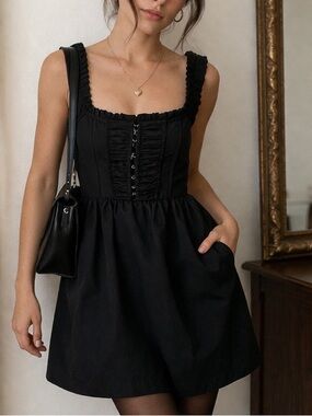 RED Valentino Black Corset Mini Dress Ruched Bust Designer Fit & Flare Pockets S